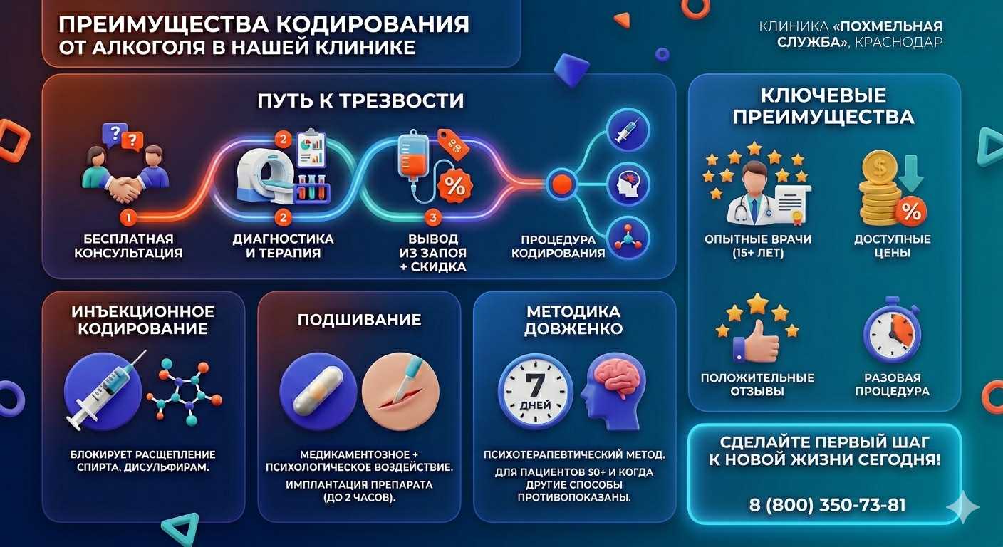 Инфографика о методах кодирования от алкоголя в Новоуральске: инъекции, подшивание, метод Довженко. Преимущества клиники и этапы лечения.