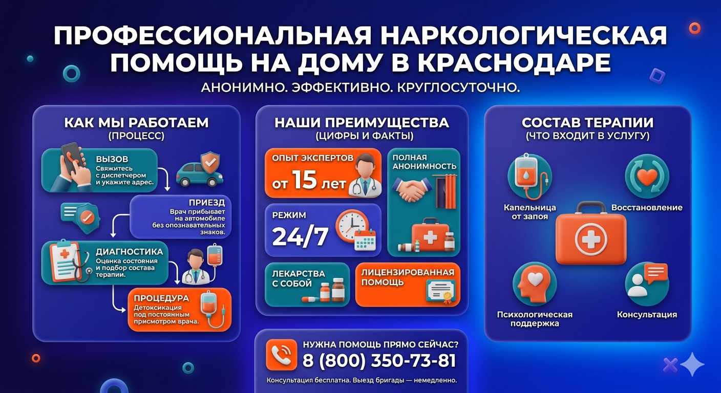 Инфографика о принципах лечения алкоголизма на дому в Новоуральске: этапы вызова нарколога, преимущества анонимной детоксикации и состав медицинской помощи.